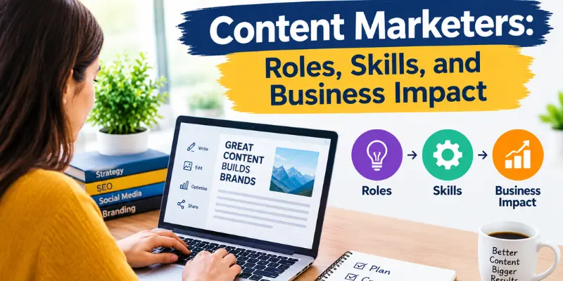 Content Marketers: Roles, Skills, and Business Impact Content marketers planning content strategies, analyzing performance, and collaborating to achieve business goals.