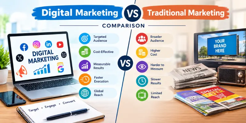 Digital Marketing: Complete Guide to Strategies, Types, Channels, and Benefits Digital Marketing vs Traditional Marketing comparison