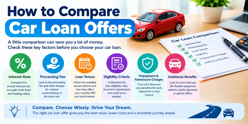 Comparing car loan offers by interest rate, EMI, tenure, and total cost