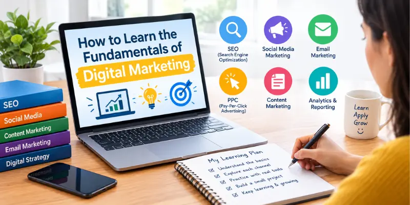 How to learn digital marketing fundamentals through SEO, content marketing, social media, and analytics