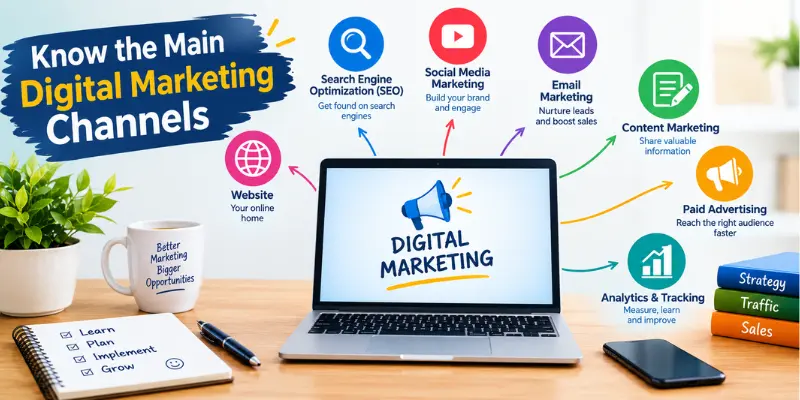 Main digital marketing channels including SEO, social media, email marketing, content, and paid advertising