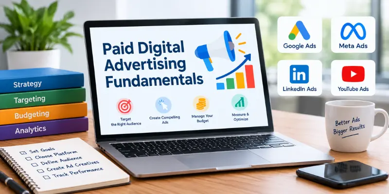 Paid digital advertising fundamentals showing search ads, social media ads, display ads, and PPC