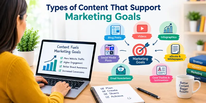 Content and Marketing: How They Work Together to Grow a Business Different types of marketing content, including blog posts, videos, social media posts, and infographics.