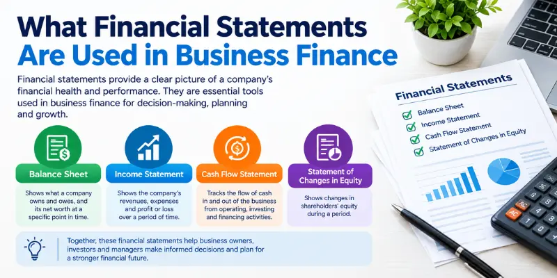 Financial statements used in business finance including balance sheet, income statement, and cash flow statement